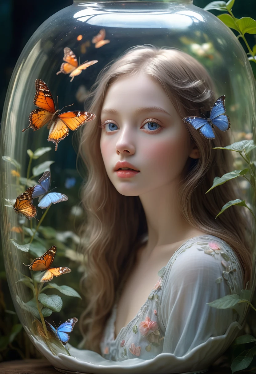 (best quality,4k,8k,highres,masterpiece:1.2),ultra-detailed,(realistic,photorealistic,photo-realistic:1.37),a girl in a bottle,porcelain texture,[vibrant colors],[ethereal atmosphere],fragile girl,beautiful detailed eyes,beautiful detailed lips,soft porcelain skin,longeyelashes,flowing hair,dreamy expression,filled with wonder,sparkling dress,captivating pose,gentle sunlight,enchanted garden,floral surroundings,reflections on the glass,butterflies fluttering,whispering breeze,peaceful ambiance,hidden secrets,otherworldly beauty,colorful blooms,ethereal glow.