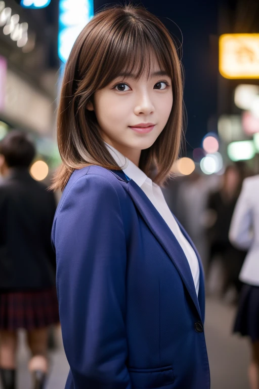 Japanese High School Girl,8k,highest quality, Tabletop, Ultra-detailed, 超A high resolution, Realistic, RAW Photos, The absolute solution,One Girl,View your viewers,Cute face, Attractive person, Huge breasts,Long Bob Hair,(Blazer clothing:1.3),Fine grain, (She is walking down a crowded street at night:1.3),Glossy Lips, Double eyelids on both eyes, Natural Makeup, 光沢のある滑らかなライトブラウンのLong Bob Hair, Asymmetrical bangs, Shiny skin, Center image, High resolution, Attention to detail, Detailed hairstyle, Detailed face, Great cinema lighting, Vibrant, Ultra-realistic,
