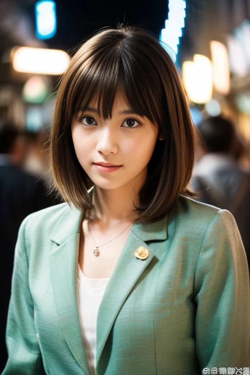 Japanese High Girl,8k,highest quality, Tabletop, Ultra-detailed, 超A high resolution, Realistic, RAW Photos, The absolute solution,One Girl,View your viewers,Cute face, Attractive person, Huge breasts,Long Bob Hair,(Blazer clothing:1.3),Fine grain, (She is walking down a crowded street at night:1.3),Glossy Lips, Double eyelids on both eyes, Natural Makeup, 光沢のある滑らかなライトブラウンのLong Bob Hair, Asymmetrical bangs, Shiny skin, Center image, High resolution, Attention to detail, Detailed hairstyle, Detailed face, Great cinema lighting, Vibrant, Ultra-realistic,