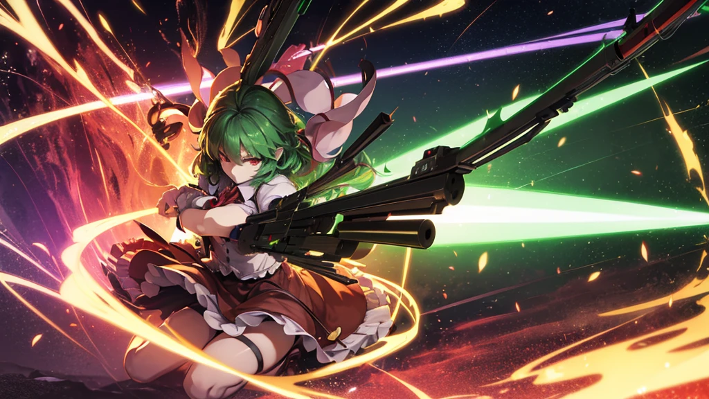 Time Gal, a woman with long green hair, medium breasts, very scared, wearing a tight short solid-red vest with a low neckline, solid-red bikini bottoms and white boots, a laser gun holster around her waist, holding a laser gun, jumping forward, leaping away from a large explosion, cleavage, breasts party visible, inside a space station interior during an attack, in full view in high detail