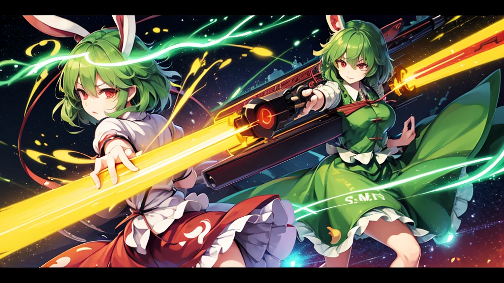 ((touhou Project style)), anime, rabbit ears, green short hair, red eyes, japanese anime style, (((long guns))), ery detailed CG unified 8k wallpaper, very fine 8KCG wallpaper, hyper quality,