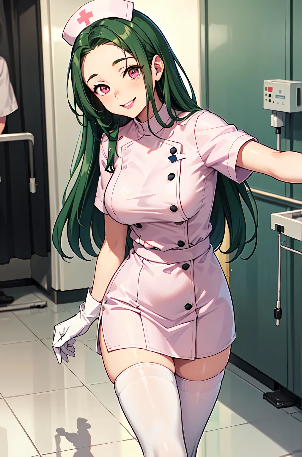 1woman, solo, nurse, white nurse cap, white nurse uniform, ((white legwear, zettai ryouiki)), white gloves, forehead, long hair, green hair, pink eyes, pink lips, smile, standing, ((hospital room)), sharp outline, short sleeves, mature female, 35 years old, best quality, masterpiece