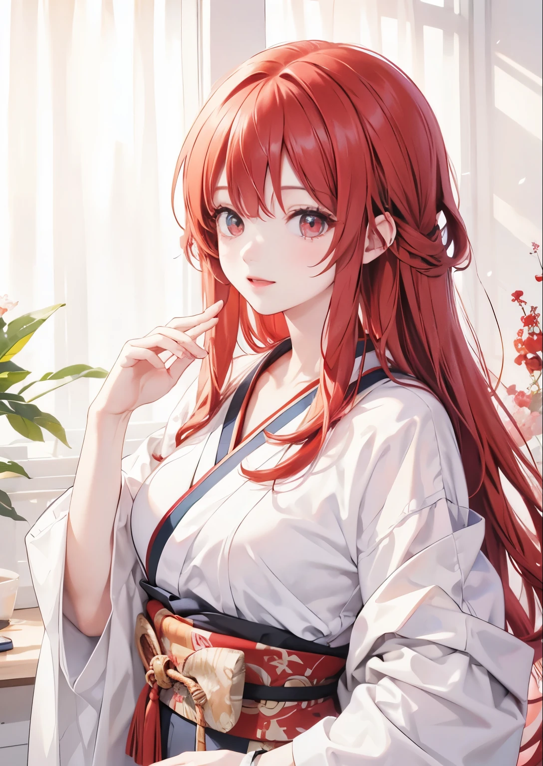 "best quality, highres, masterpiece:1.2, red hair, red eyes, detailed lines, ultra-detailed, professional, Japanese-style background"