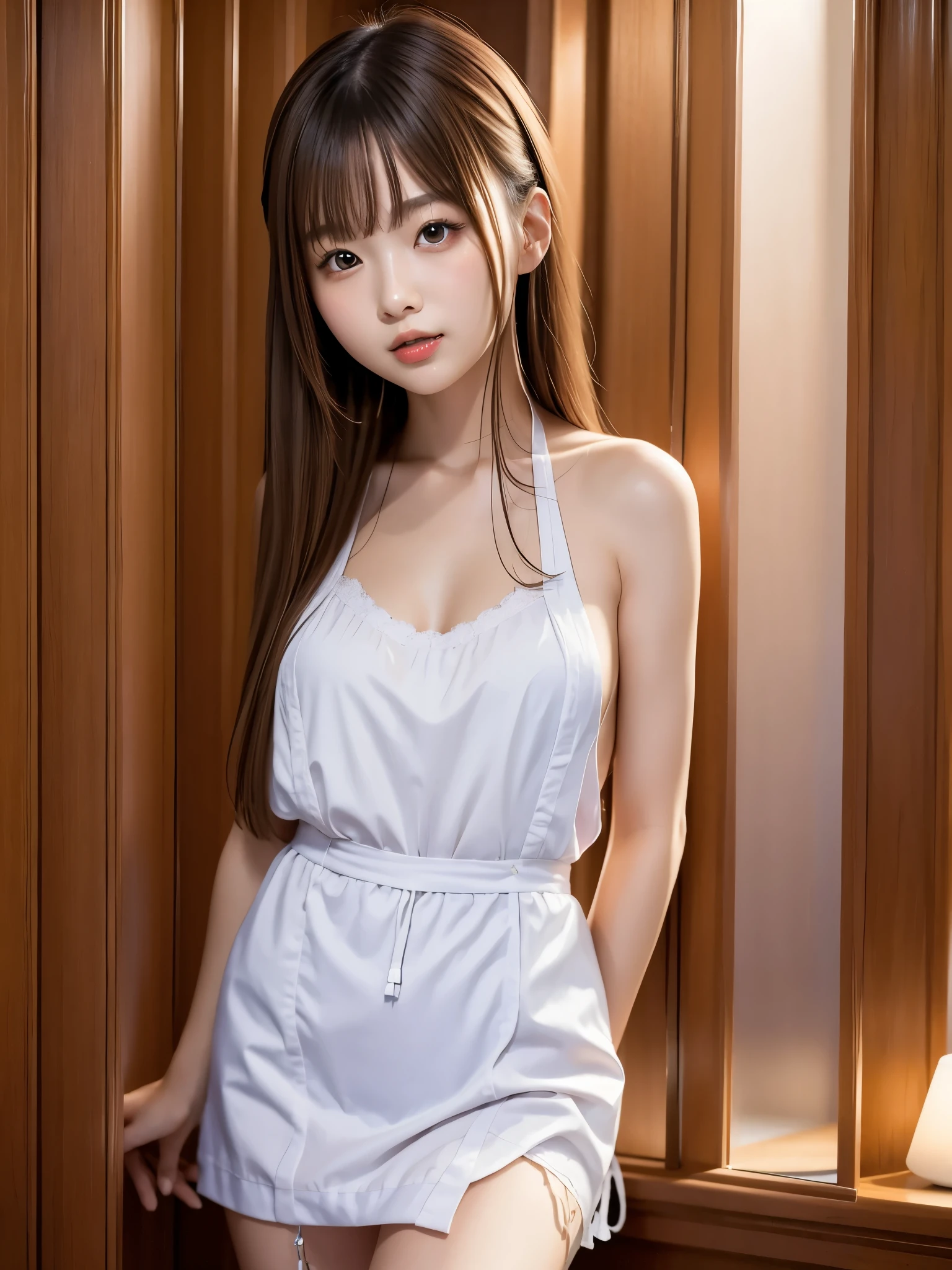 (masterpiece, best quality:1.2), 1girl, solo、Amazingly cute girl、Upper Body、Naked Apron、Sukeske Negligee、Professional Lighting、