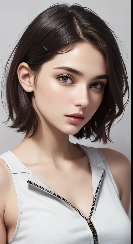 8K uhd、RAWphotograph、モデルphotograph撮影、 European race、(masterpiece、highest quality、Photorealistic、High resolution、photograph:1.3)、Close-up、Focusing、Hot Model、slim、30 year old mature woman、Small face、No makeup、Short Hair、Dark Brown Hair、Fine beautiful eyes、Real Skin、(perfect body)、Sexy hot face、Erotic、Sexual gaze、Detailed beautiful eyes、Glossy lips、Small breasts、Small breasts、Bust B cup、Realistic details、Cool beauty、Cool pose、Background gray、Plain grey background、((Wearing a white zip tank top sweatshirt))
