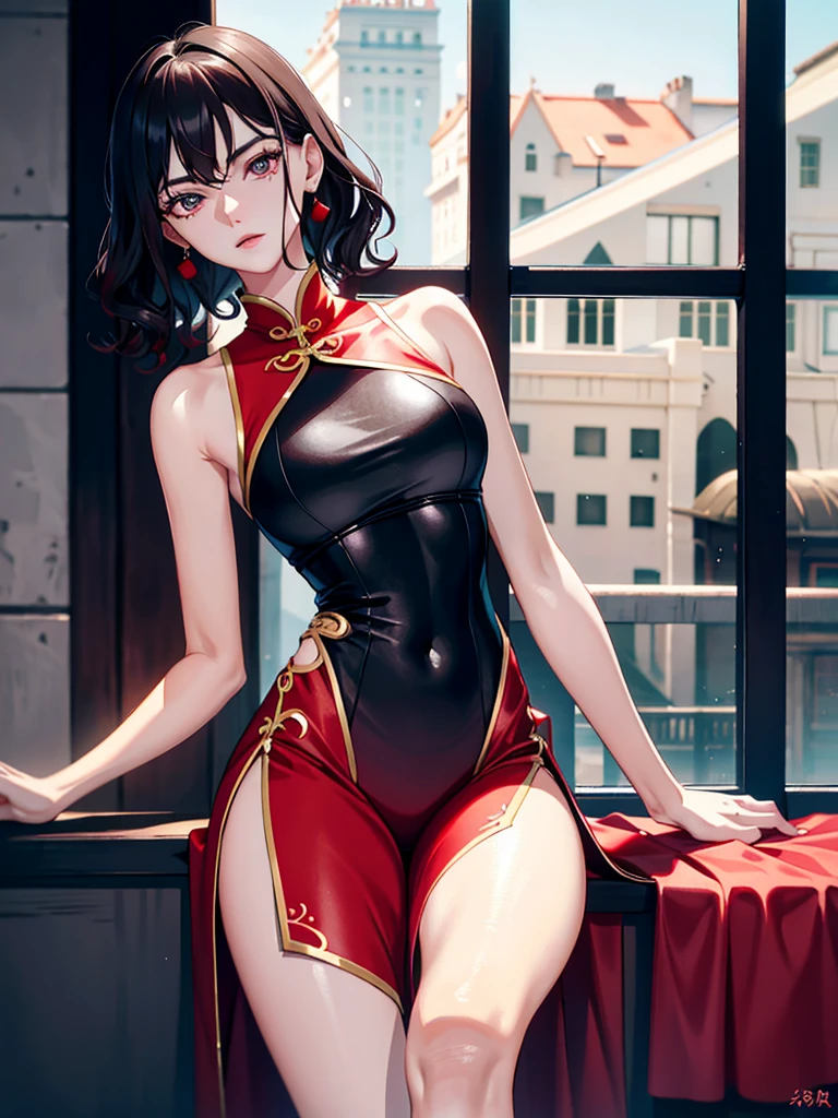 absurdres, RAW photo, extremely delicate and beautiful, masterpiece, Best Quality, ultra high resolution, 32k, hyperrealistic, ultra-detailed, perfect ???????, anatomically correct, perfect figure, super Detailed skin, pale skin, 20 years old, very Slim body, narrow waist, very small head, very small face, delicate facial features, detailed face, detailed eyes, tearful mole, earring, thin legs, bare legs, (very huge round breasts), short medium hair, ((wavy hair)), wet clothes, (red and black cheongsam), sleeveless, White blonde hair,
