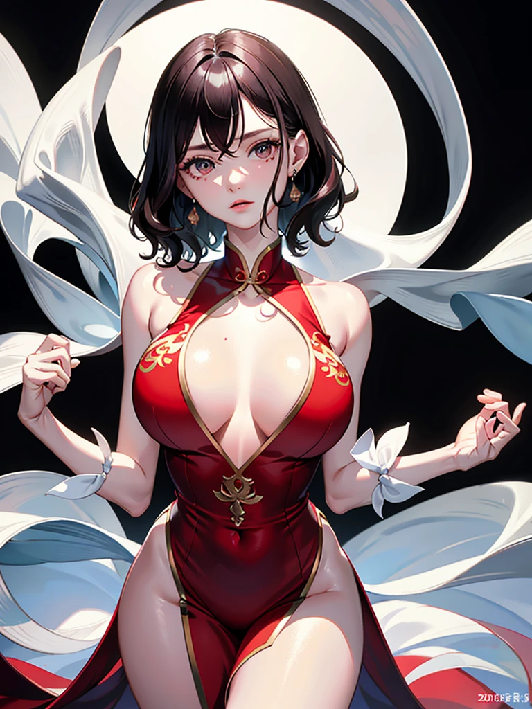 absurdres, RAW photo, extremely delicate and beautiful, masterpiece, Best Quality, ultra high resolution, 32k, hyperrealistic, ultra-detailed, perfect , anatomically correct, perfect figure, super Detailed skin, pale skin, 20 years old, very Slim body, narrow waist, very small head, very small face, delicate facial features, detailed face, detailed eyes, tearful mole, earring, thin legs,  legs, (very huge round ), short medium hair, ((wavy hair)), wet clothes, (red and black cheongsam), sleeveless, White blonde hair,