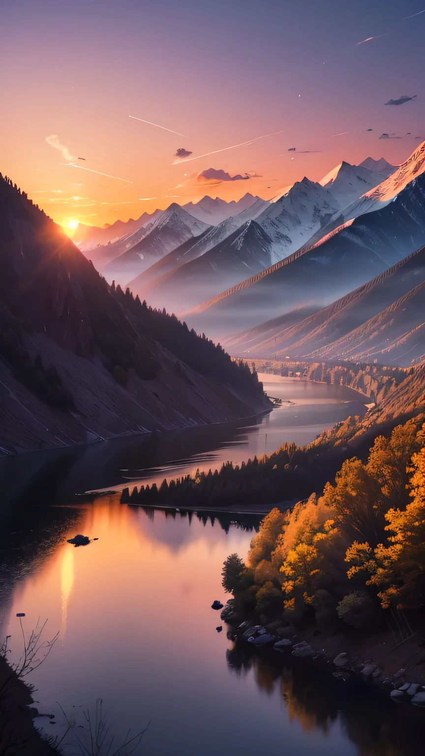 Sunset,Distant Mountains,river,Stars rise from the Distant Mountains