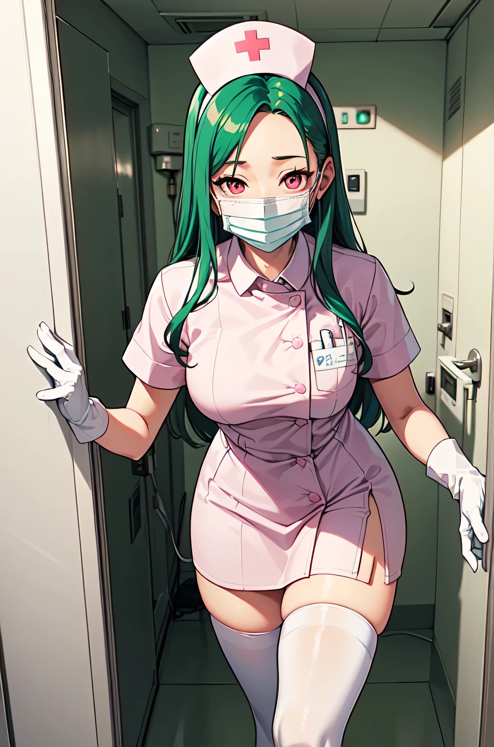 1woman, solo, nurse, white nurse cap, white nurse uniform, ((white legwear, zettai ryouiki)), white gloves, forehead, long hair, green hair, pink eyes, ((white surgical mask, covered nose)), standing, ((hospital room)), sharp outline, short sleeves, mature female, 35 years old, best quality, masterpiece