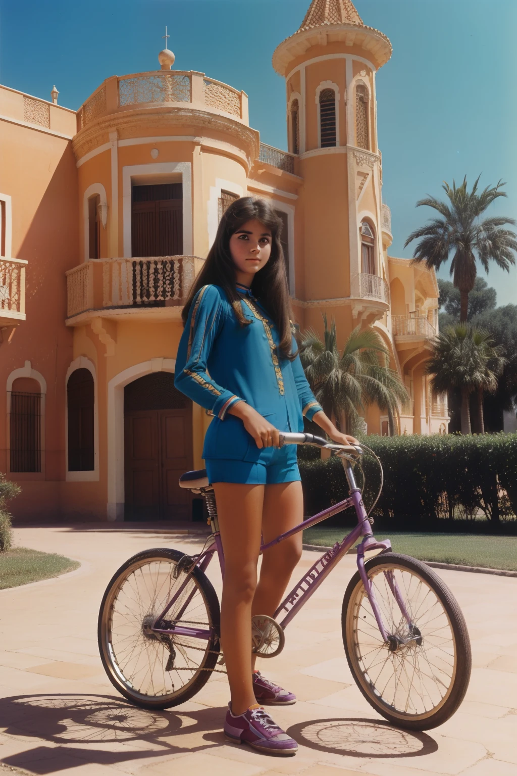 Tharsis, Spain, 1979. A young ((((17-year-old)) Carmela Estévez)), with a bike, in front of a victorian mansion, palm trees, ((((clothings from the 1970s)))), ((hairstyle of the 1970s)), colorful