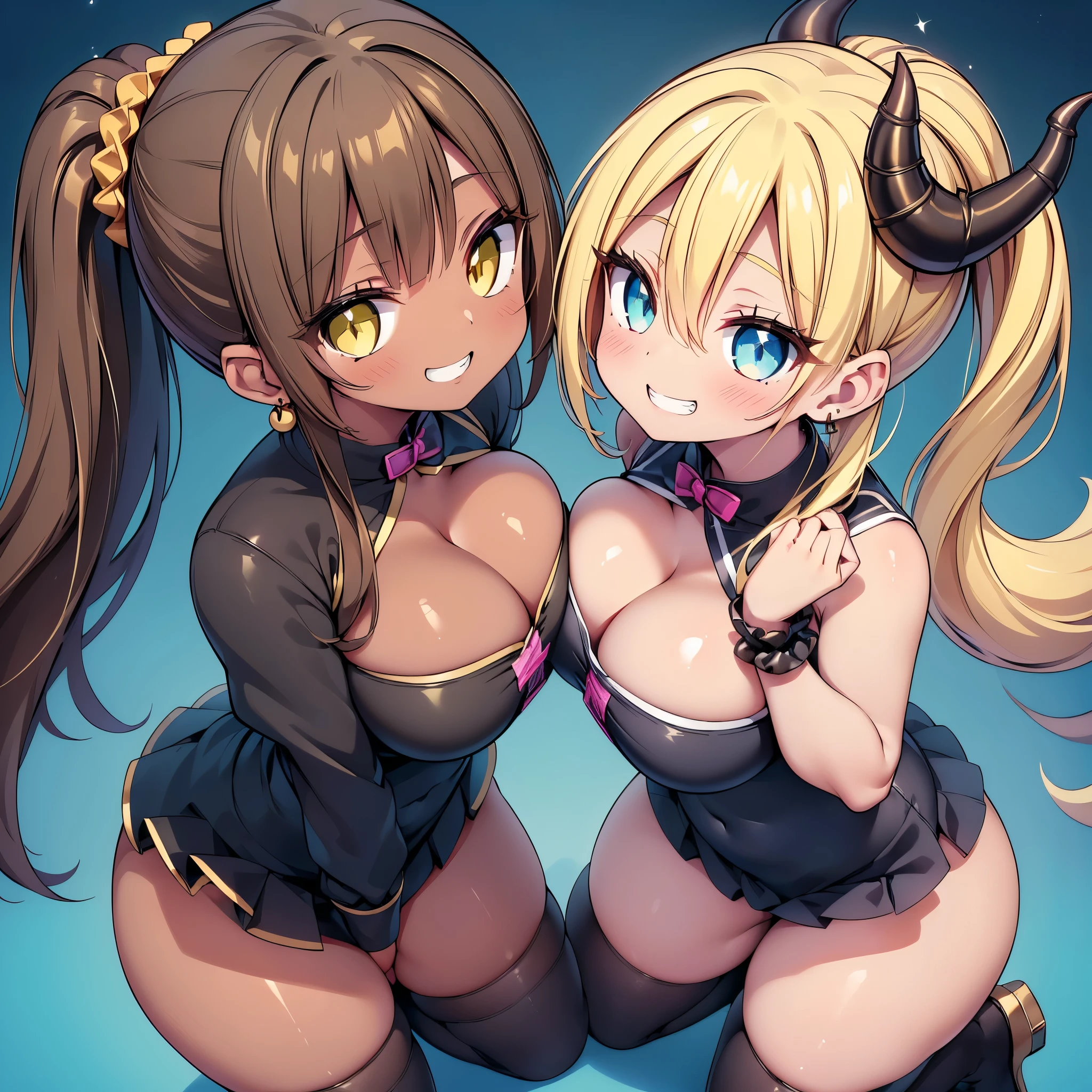 (cute eyes:1.2), (sparkling eyes:1.2), (8K、Best image quality、highest quality、masterpiece)、Detailed face、(3 girls)、Improve、((Brown Skin:1.3))、blonde、Low Ponytail、Scrunchie、Yellow Eyes、Earrings、Wicked Smile、((Grin)), (skinny body:1.3), (huge breasts:1.3), (succubus:1.4), (symmetrical docking:1.3), Classroom Background, (black stockings:1.2), (Thighs:1.2), (Waistline),(from above:1.2)