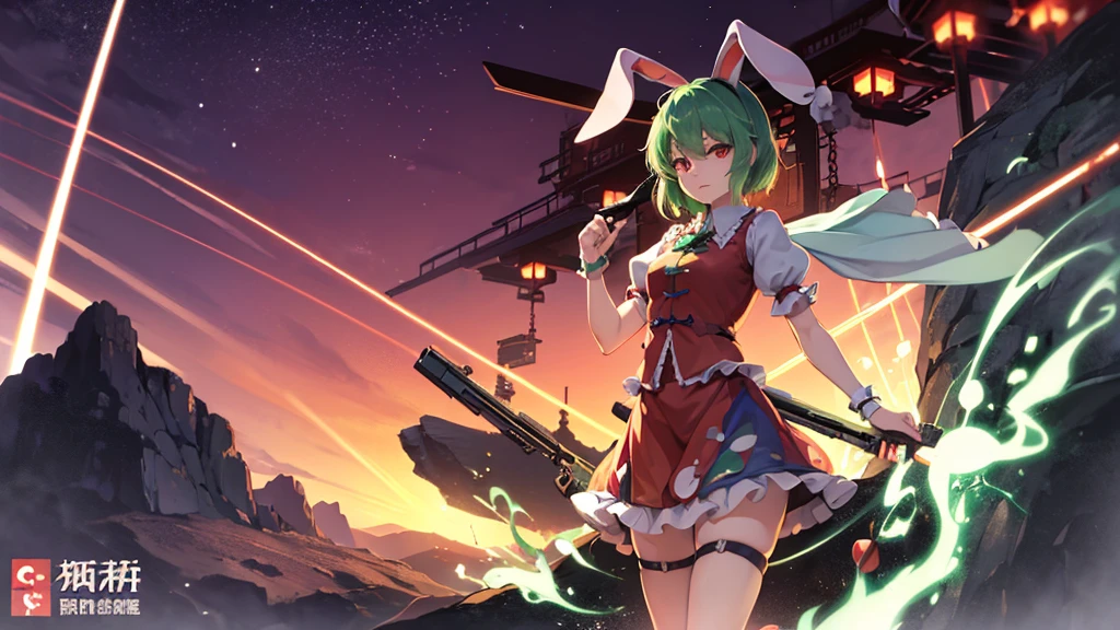 ((touhou Project style)), Tatara Kogasa, anime, rabbit ears, green short hair, red eyes, japanese anime style, (((long guns))), ery detailed CG unified 8k wallpaper, very fine 8KCG wallpaper, hyper quality,