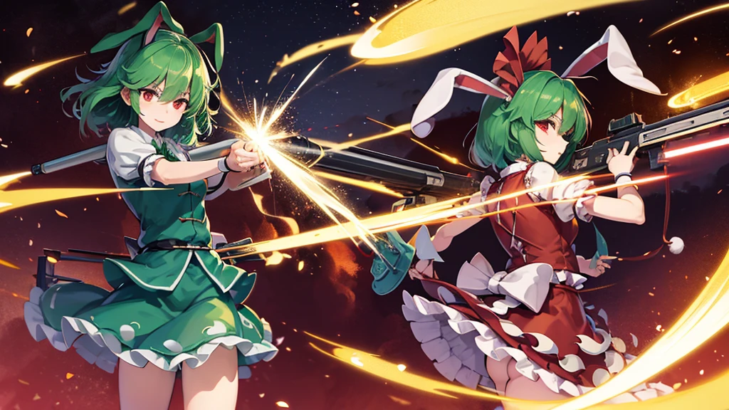 ((touhou Project style)), Tatara Kogasa, anime, rabbit ears, green short hair, red eyes, japanese anime style, (((long guns))), ery detailed CG unified 8k wallpaper, very fine 8KCG wallpaper, hyper quality,