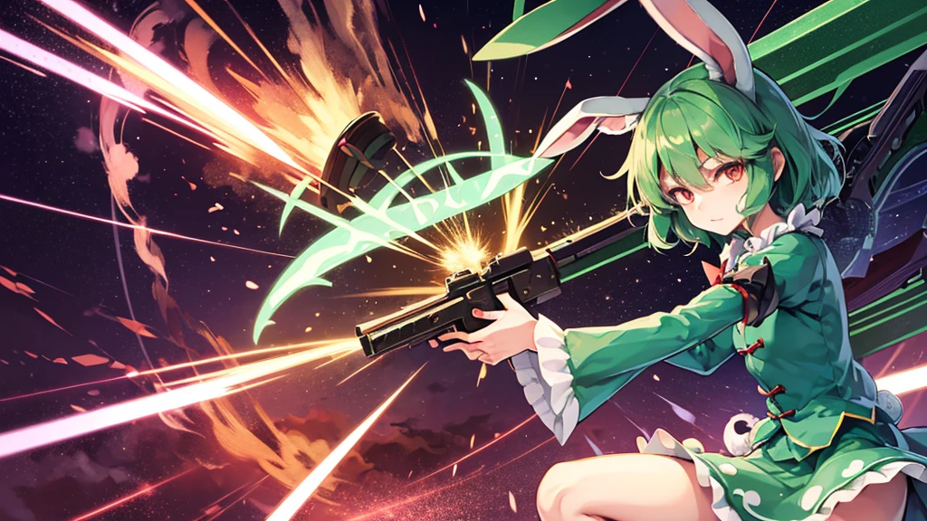 ((touhou Project style)), Tatara Kogasa, anime, rabbit ears, green short hair, red eyes, japanese anime style, (((long guns))), ery detailed CG unified 8k wallpaper, very fine 8KCG wallpaper, hyper quality,
