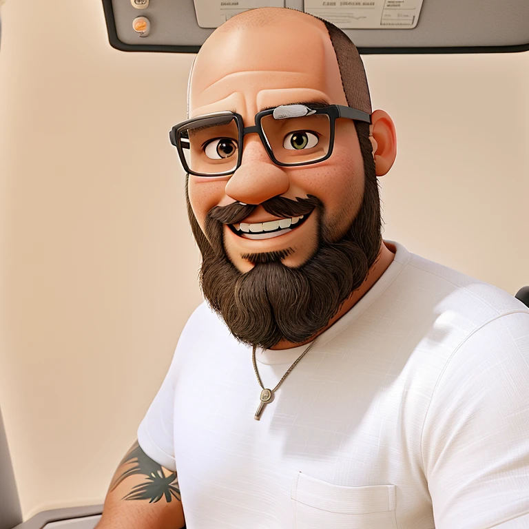 Um homem bonito careca ,30 year old big beard with short beard sitting in a helicopter heading towards an oil rig in pixar style
