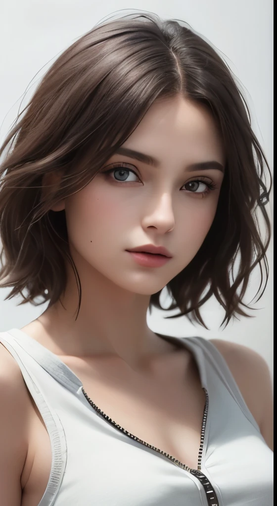 8K uhd、RAWphotograph、モデルphotograph撮影、 European race、(masterpiece、highest quality、Photorealistic、High resolution、photograph:1.3)、Close-up、Focusing、Hot Model、slim、30 year old mature woman、Small face、No makeup、Short Hair、Dark Brown Hair、Fine beautiful eyes、Real Skin、(perfect body)、Sexy hot face、Erotic、Sexual gaze、Detailed beautiful eyes、Glossy lips、Small breasts、Small breasts、Bust B cup、Realistic details、Cool beauty、Cool pose、Background gray、Plain grey background、((Wearing a white zip tank top sweatshirt))