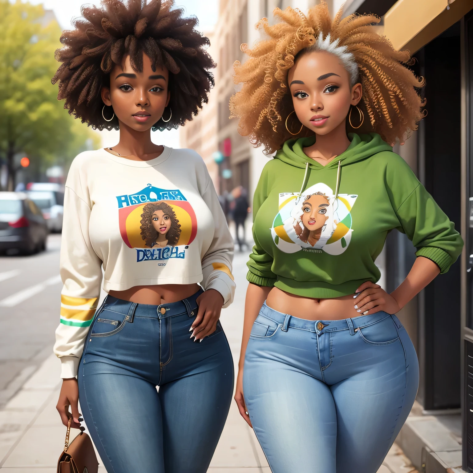 two women standing next to each other in a living room, older sister vibes, childhood friend vibes, tinyest midriff ever, willow smith zendaya, her belly button exposed, 9 0 s vibe, 90’s vibe, annoying sister vibes, physical : tinyest midriff ever, sexy black woman walks past them, diverse outfits, girl on the left wearing a crop top red shirt and olive green cargo pants. Girl on the right hand an peace sign, she’s wearing a white tank top, brown hoodie, belted ripped jeans, left girl has an curly big Afro hair and right girl black and light brown dreadlocks