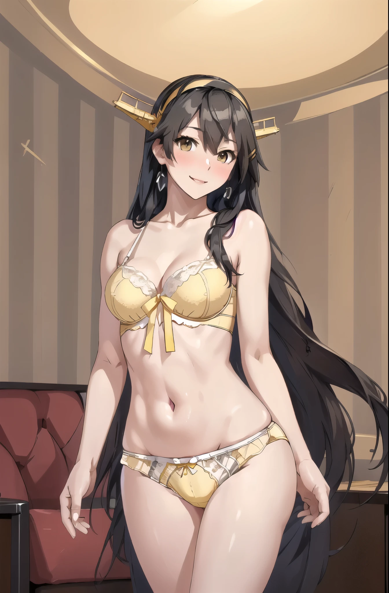 highest quality, masterpiece, High resolution, alone, {Aaron_Kantai Collection:1.15}, black_hair, length_hair, hair_ornament, hairband, Brown_eye, hairclip, blush, smile, headgear, chest, , hair_between_eye,, ((Office Background, Living Room Background))(Light yellow panties), (Light yellow bra), (In underwear), (Flashy underwear), (lingerie), Fully nude, 