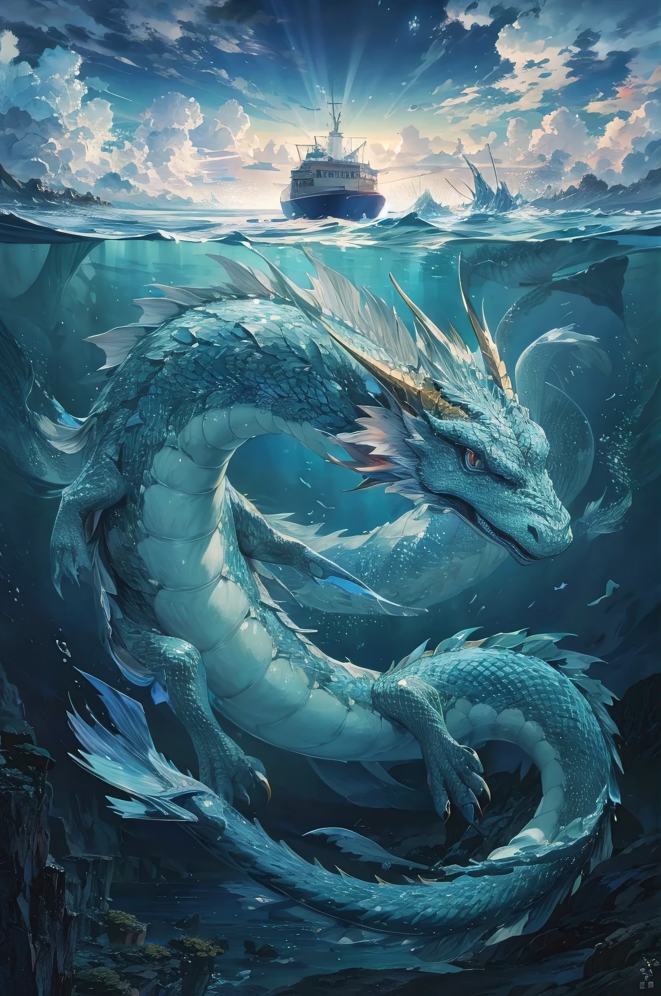 A stunning and awe-inspiring piece of anime realism, featuring a massive water dragon gracefully swimming beneath the ocean. The dragon's intricate scales shimmer with every movement, and its eyes hold a captivating, almost mystical gaze. In the background, a container ship appears minuscule in comparison, dwarfed by the colossal size of the dragon. Above, the ocean's surface reveals a breathtaking view of the sky, where clouds drift in a variety of shapes and colors. The overall atmosphere of the illustration is magical and spellbinding, a testament to the mastery of the best artists in the field., wildlife photography, illustration, portrait photography