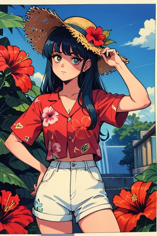Madoka Ayukawa, 14 years old, bangs, 1girl, masterpiece, highest quality, disorganized, retro artstyle, 1980s \(style\)))), look viewer, long hair, Woman wearing a straw hat standing on a steps, (((Bright red aloha shirt with hibiscus pattern))), (((white shortpants))), 14 years old, bangs, blue longhair, 1girl, masterpiece, highest quality, disorganized, retro artstyle, 1980s \(style\)))),