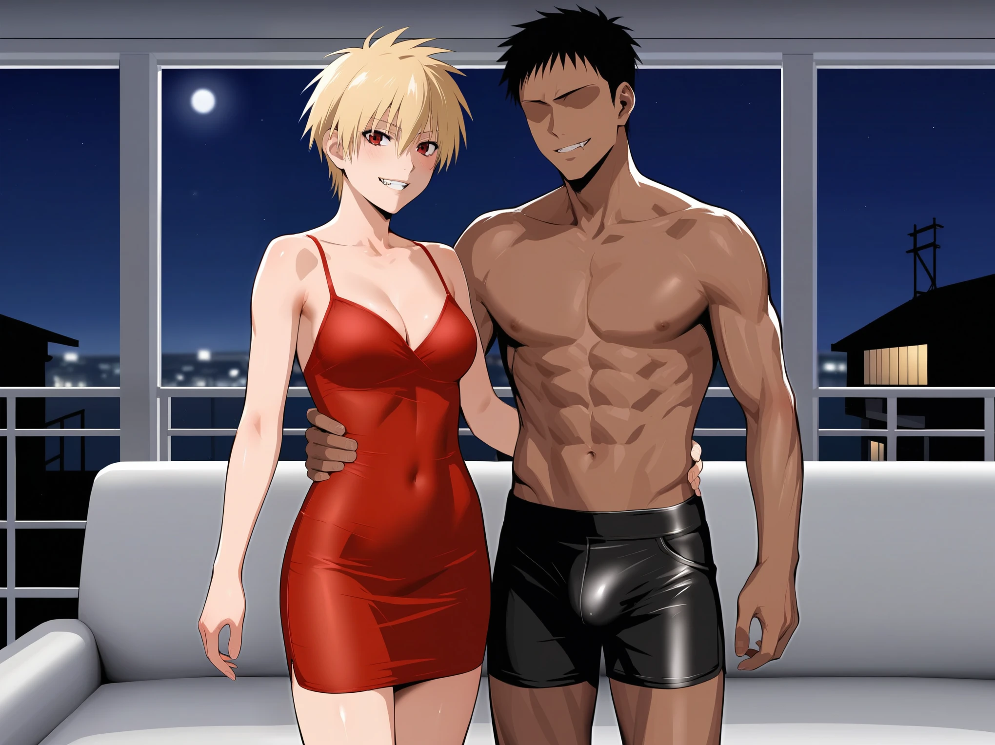 score_9, score_8_up, source_anime, standing, hellsing, seras, blonde hair, nude, indoors, night, night sky, nighttime, vampire, smirk, fangs, ikuchan, balcony, town background, clothed, male wearing shorts, muscular male, medium breasts, boyfriend, couple, sfw, looking at viewer, faceless male, dark skinned male, cuckold pov, ntr, netorare, standing side by side, standing, cuckolding, cuck, 1girl, 1boy, duo, ((duo focus)), black haired male, interracial, BLACKED, bbc, raceplay, smug, humiliation, ((faceless male)), ((size difference)), tall male, ((duo)), waist grab, ((dark skinned male))), gown, dress, bulge, rating:safe, navel, short dress, red dress