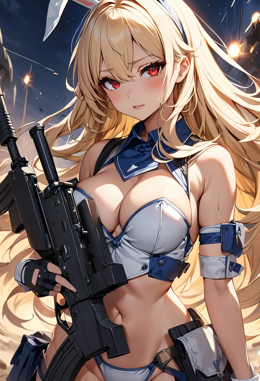 masterpiece、highest quality、Ultra-high resolution、Maximum resolution、Very detailed、Professional Lighting、anime、woman、thin、so beautiful、Bunny girl、Has an assault rifle、Red Eye、Blonde、long hair、Fingerless gloves、Equipped with shooting glasses、Alone on the battlefield、Shield bearer、
