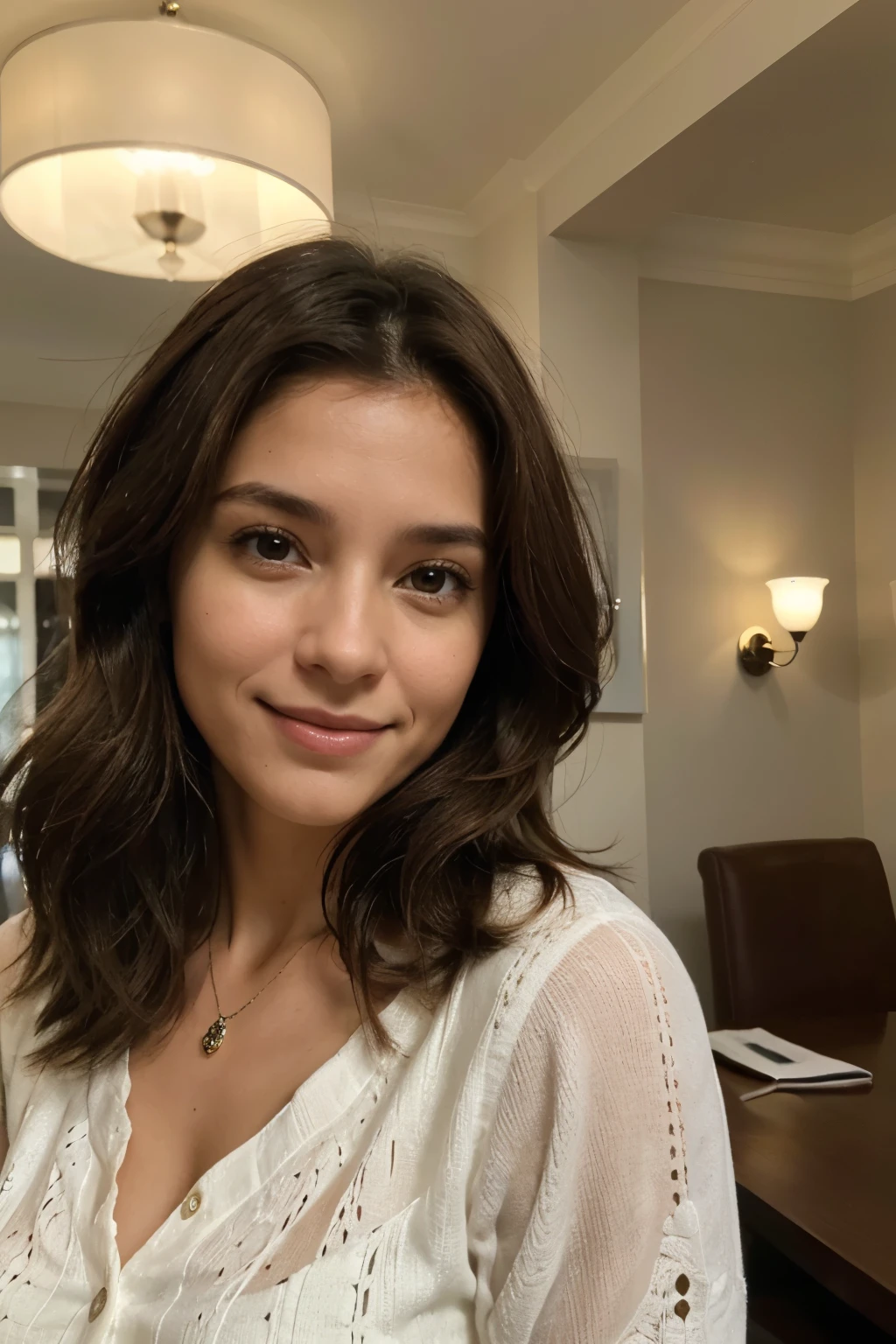 Clara Santiago is around 40 years old, with wavy light brown hair that falls delicately over her shoulders. Sus ojos son de color miel, expresando calma e inteligencia. Tiene una sonrisa gentil que ilumina su rostro. Su apariencia es elegante y profesional, with a classic but modern style, reflecting your confidence and determination.