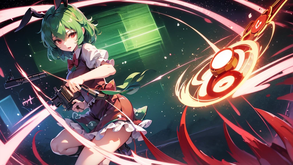 ((touhou Project style)), and Tatara Kogasa, anime, rabbit ears, green short hair, red eyes, japanese anime style, (((long guns))), ery detailed CG unified 8k wallpaper, very fine 8KCG wallpaper, hyper quality,
