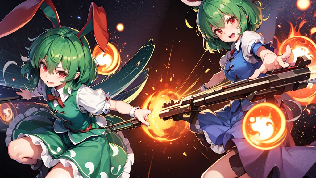 ((touhou Project style)), and Tatara Kogasa, anime, rabbit ears, green short hair, red eyes, japanese anime style, (((long guns))), ery detailed CG unified 8k wallpaper, very fine 8KCG wallpaper, hyper quality,