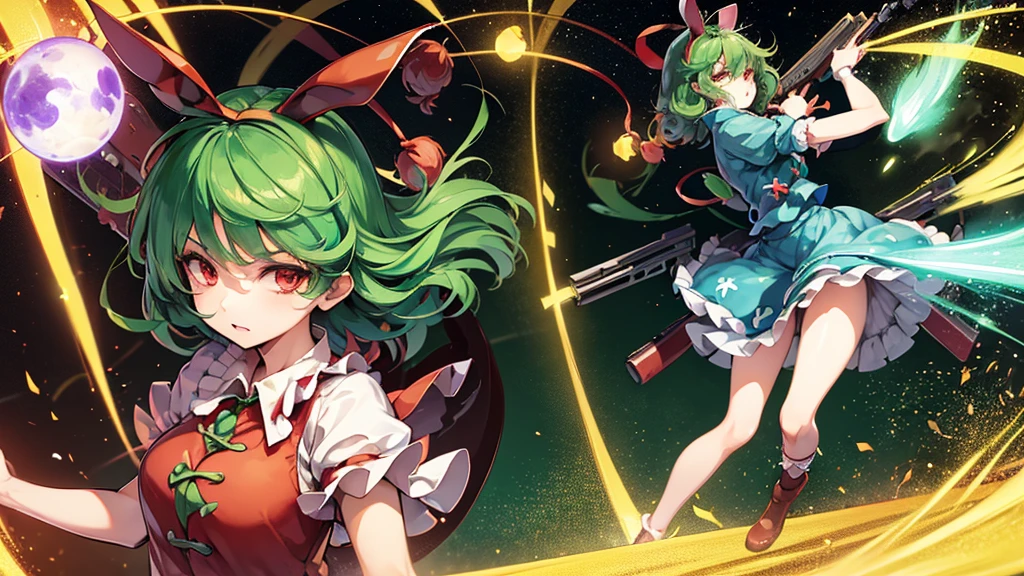 ((touhou Project style)), and Tatara Kogasa, anime, rabbit ears, green short hair, red eyes, japanese anime style, (((long guns))), ery detailed CG unified 8k wallpaper, very fine 8KCG wallpaper, hyper quality,