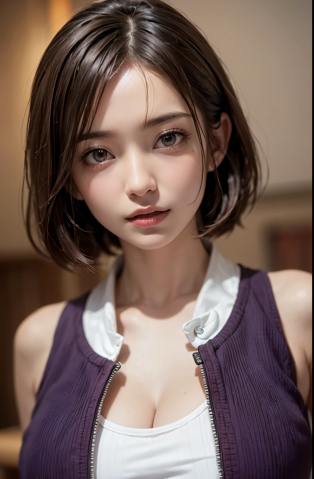 (Ultra-realistic), (figure), (High resolution), (In 8K), (Very detailed), (Best figure), (Beautiful fine details), (highest quality), (Ultra-detailed), (wallpaper), (Detailed face), drooping eyes, Sweat a lot, Upper body close-up,  Underarm,short hair,Girl in Sleeveless Sweater, Japanese, I can see her cleavage, (Camel Toe)