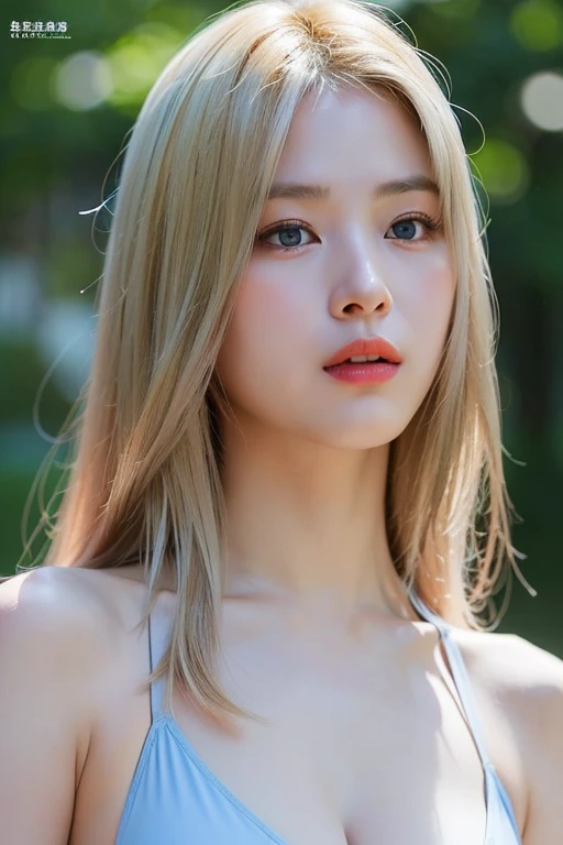 highest quality、masterpiece、超A high resolution、(Realistic:1.4)、RAW Photos、One Girl、blonde、blue eyes、Eye and face detail micro bikini、Too much exposed skin、Accentuate your cleavage))