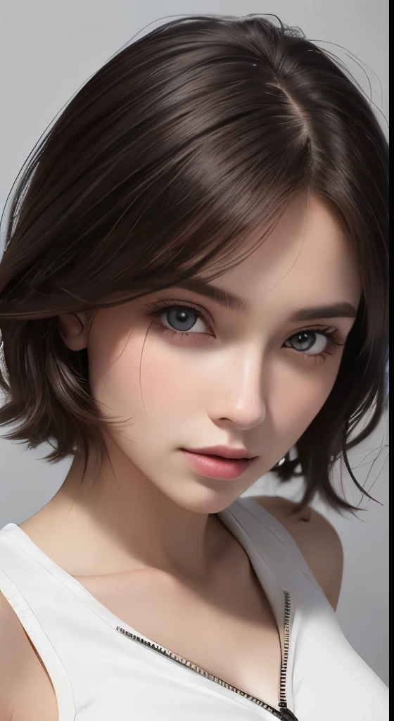 8K uhd、RAWphotograph、モデルphotograph撮影、 European race、(masterpiece、highest quality、Photorealistic、High resolution、photograph:1.3)、Close-up、Focusing、Hot Model、slim、30 year old mature woman、Small face、No makeup、Short Hair、Dark Brown Hair、Fine beautiful eyes、Real Skin、(perfect body)、Sexy hot face、Erotic、Sexual gaze、Detailed beautiful eyes、Glossy lips、Small breasts、Small breasts、Bust B cup、Realistic details、Cool beauty、Cool pose、Background gray、Plain grey background、((Wearing a white zip tank top sweatshirt))