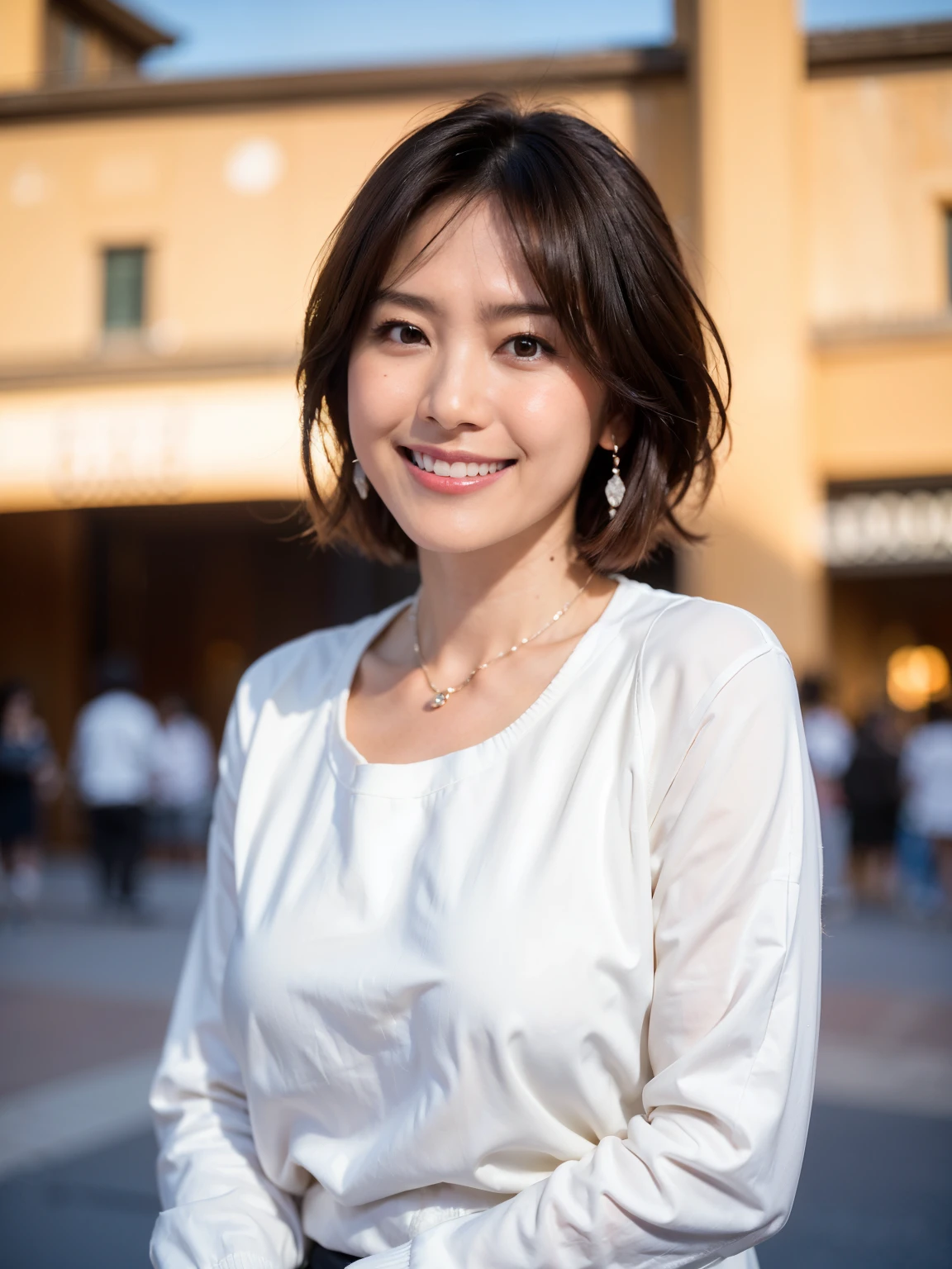 (highest quality, 8k, 32k, masterpiece, Ultra-high resolution:1.2),Beautiful Japanese Women Photos, Large Breasts, Very short bob hair,whole body,White sweater, necklace, Simple Background, View your audience,smile、(Italy:1.2)、(Rome:1.5)、(Plaza de España:1.4)、(Illuminated by the morning sun:1.4)