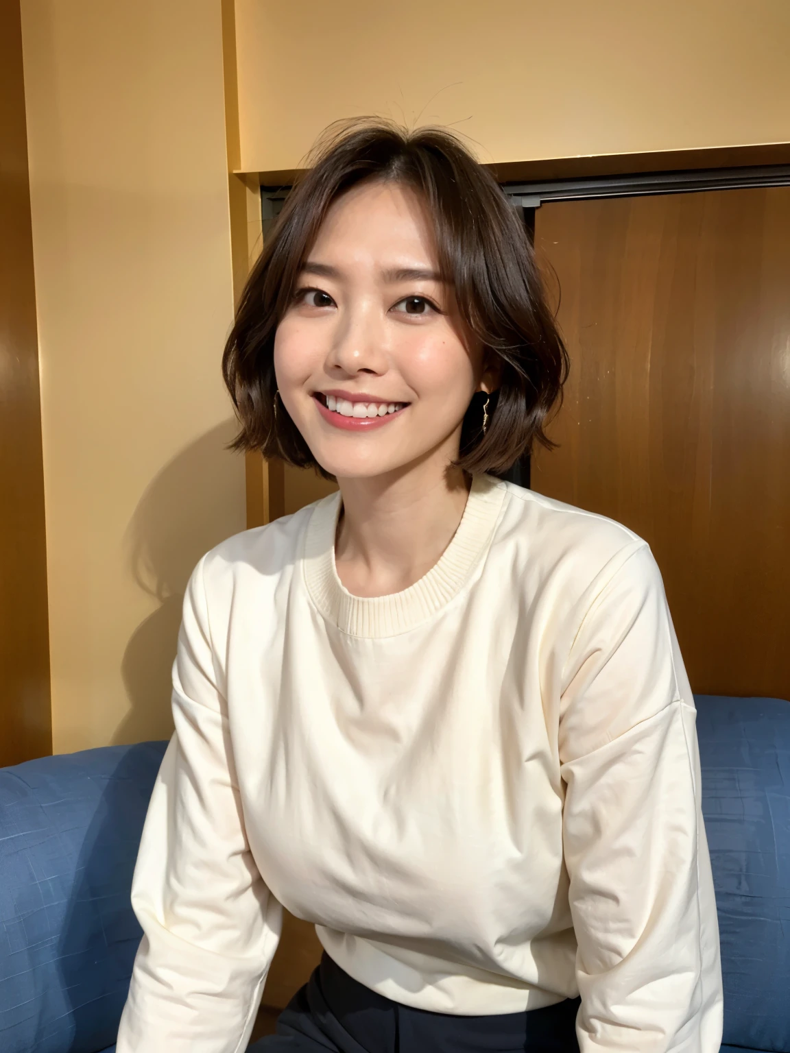 (highest quality, 8k, 32k, masterpiece, Ultra-high resolution:1.2),Beautiful Japanese Women Photos, Large Breasts, Very short bob hair,whole body,White sweater, necklace, Simple Background,  View your audience,smile、（Italy:1.2）、（Rome:1.5）、（Plaza de España:1.4）、（Illuminated by the morning sun：1.4）