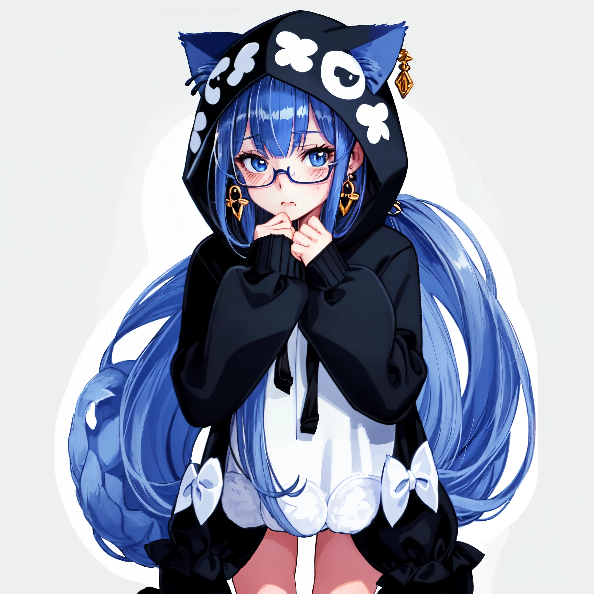 1girl, long hair, animal, cat, cat ears, cat girl, hoodie, hood, blue hair, blue eyes, blush, simple background, solo, white background, looking at viewer, sleeves past wrists, upper body, hood down, holding, earrings, jewelry, long sleeves, parted lips, bangs