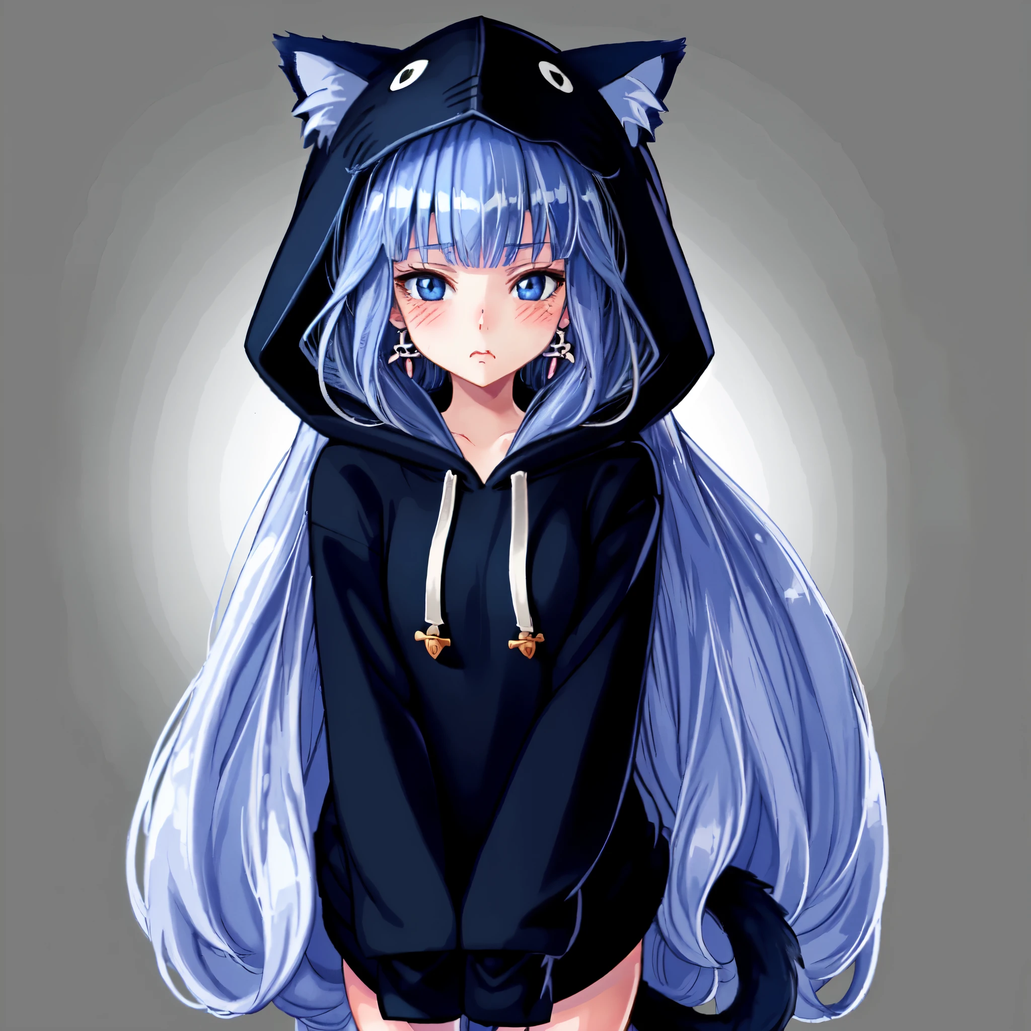 1girl, long hair, animal, cat, cat ears, cat girl, hoodie, hood, blue hair, blue eyes, blush, simple background, solo, white background, looking at viewer, sleeves past wrists, upper body, hood down, holding, earrings, jewelry, long sleeves, parted lips, bangs