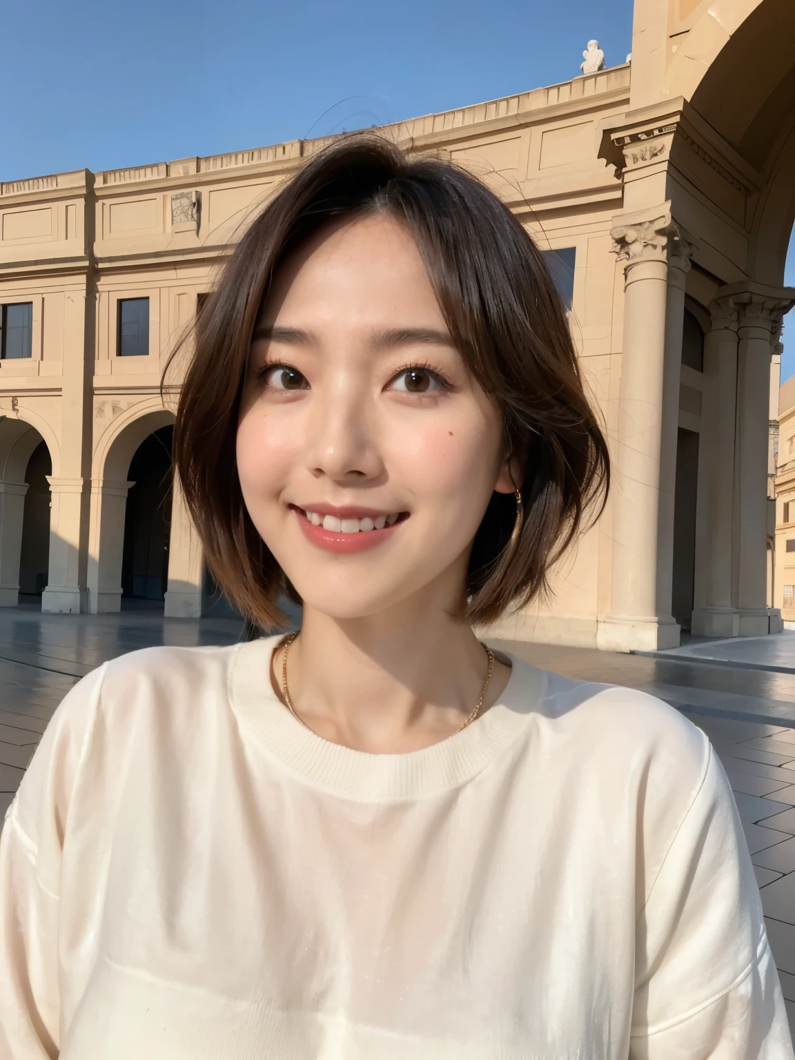 (highest quality, 8k, 32k, masterpiece, Ultra-high resolution:1.2),Beautiful Japanese Women Photos, Large Breasts, Very short bob hair,whole body,White sweater, necklace, Simple Background, View your audience,smile、(Italy:1.2)、(Rome:1.5)、(Plaza de España:1.4)、(Illuminated by the morning sun:1.4)