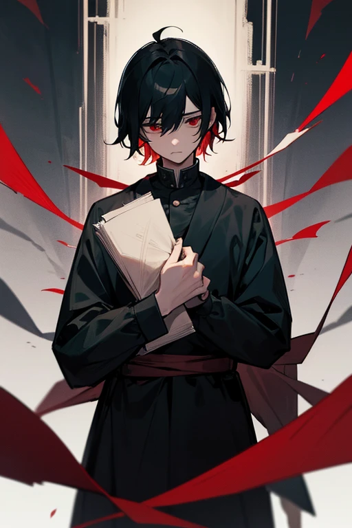 Beautiful boy、male、pretty、Calmness and tension、A face that feels young、Adult atmosphere、Plain black yukata、rough、Expressionless、Black Hair、Short Hair、Long side hair、Red Eyes、Dark as a dark night、Lonely、Void、Nostalgia、Murderous intent、Feeling of weakness、Dangerous aroma、tinder、Look away、Holding a novel book in hand