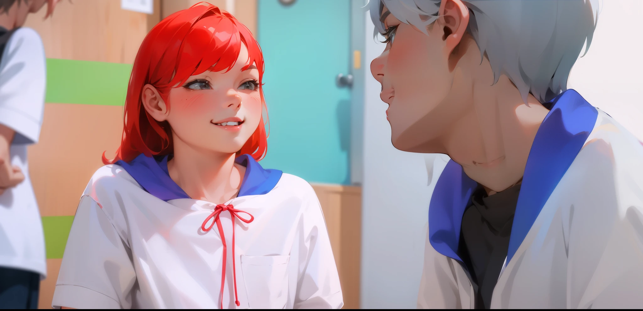 cute 17 year old girl smiles mischievously mischievously in front of her there is a gray haired boy