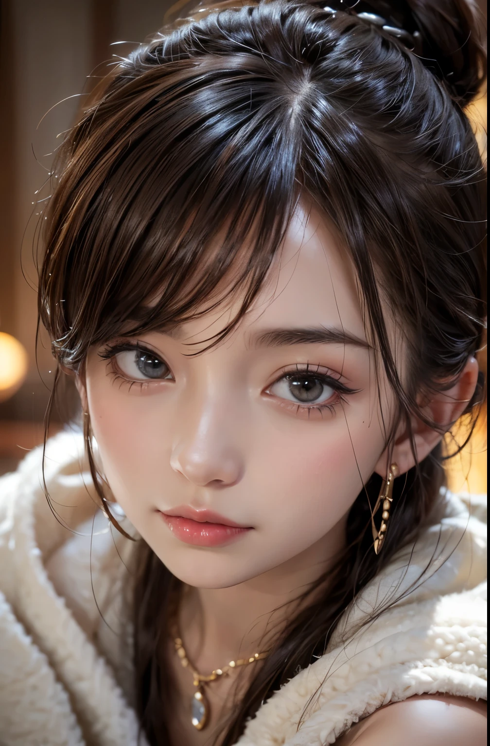(Ultra-realistic), (figure), (High resolution), (In 8K), (Very detailed), (Best figure), (Beautiful fine details), (highest quality), (Ultra-detailed), (wallpaper), (Detailed face), drooping eyes, Sweat a lot, Upper body close-up, Underarm,short hair,Girl in Sleeveless Sweater, Japanese, I can see her cleavage, (Camel Toe)