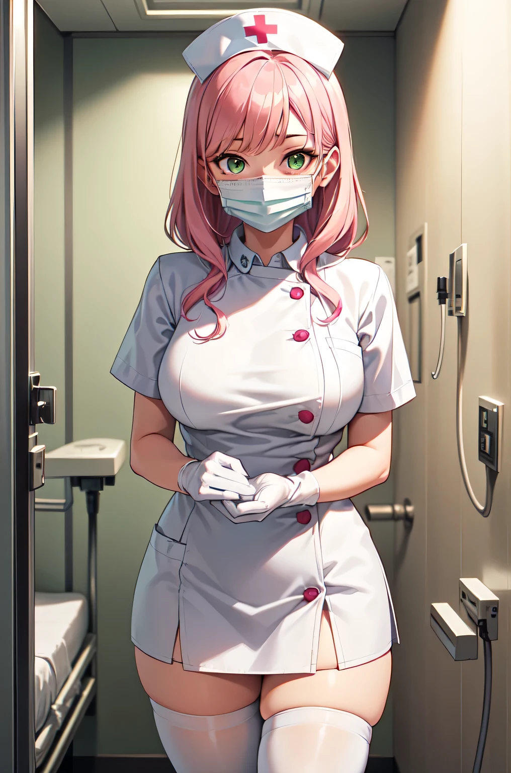 1woman, solo, nurse, white nurse cap, white nurse uniform, ((white legwear, zettai ryouiki)), white gloves, pink hair, green eyes, drooping eyes, ((white surgical mask, covered nose)), standing, ((hospital room)), sharp outline, short sleeves, mature female, 32 years old, best quality, masterpiece