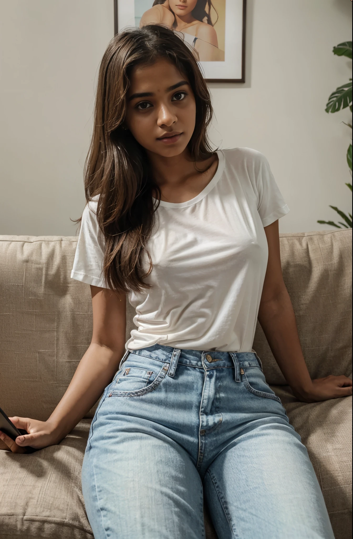 kerala girl, looks like hermoine granger, using a laptop, at home, luxury, in the couch, wearing a full white t-shirt and jeans, realistic, mobile photography, a long shot, realistic skin texture, raw