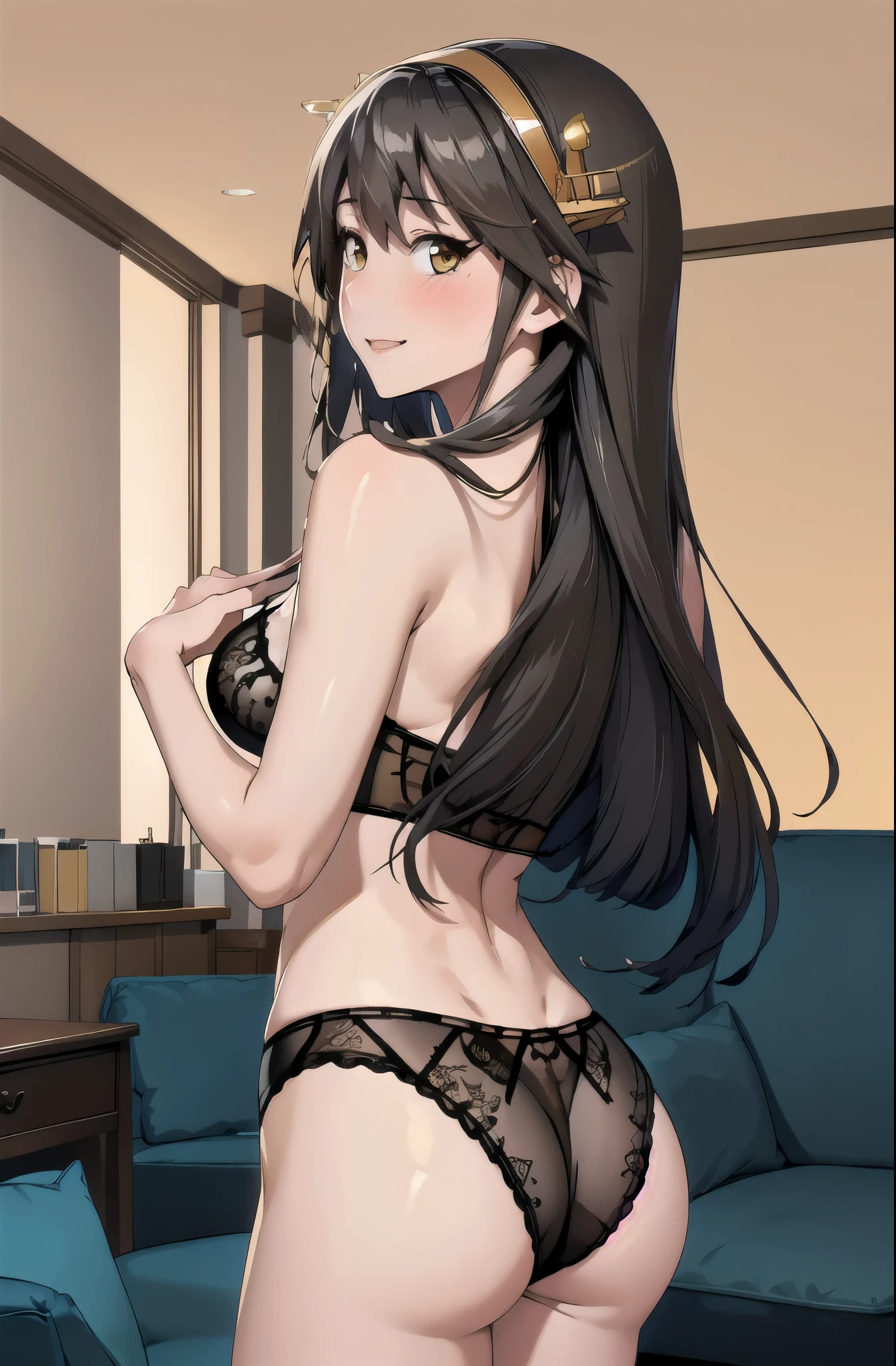 highest quality, masterpiece, High resolution, alone, {Aaron_Kantai Collection:1.15}, black_hair, length_hair, hair_ornament, hairband, Brown_eye, hairclip, blush, smile, headgear, chest, , hair_between_eye,, ((Office Background, Living Room Background))(Light yellow ), (Light yellow bra), (In underwear), (Flashy underwear), (lingerie), Fully nude, Fbehind