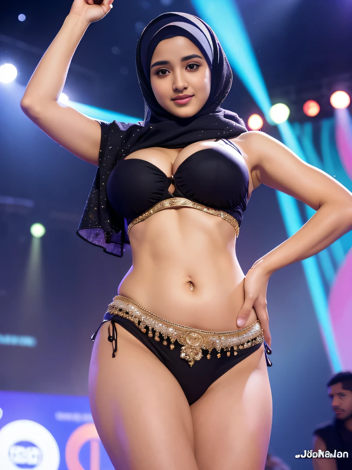 Best Quality, Masterpiece, High Resolution, 1girl, Beauty Disha Patani with hijab, on the stage, belly dancer, chubby, big Breasts, big ass, beauty dancing 