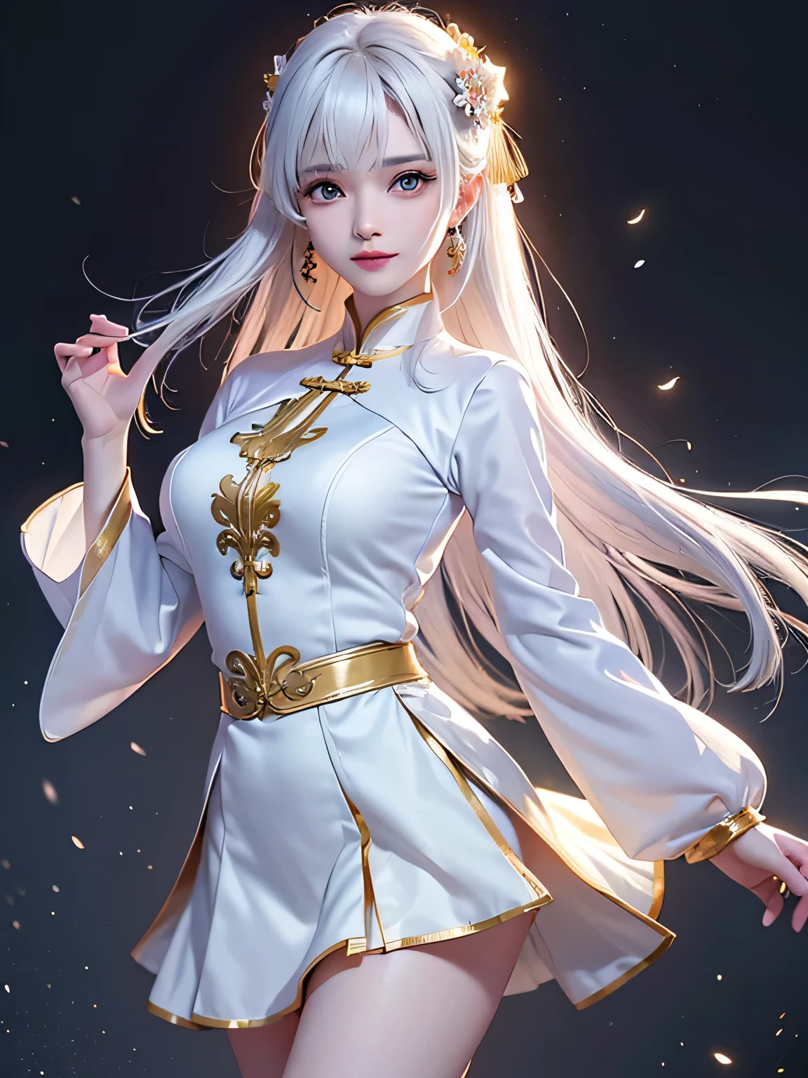 ((alone、Image of a woman wearing Vietnamese national dress, Ao Dai、Graceful dancing woman:1.4、Detailed face、Bright expression、Younger, brighter, whiter skin、Best Looks、The ultimate beauty、White hair with dazzling highlights、Shiny bright hair,、Super long, silky straight hair、My hair dances in the wind)) (night、Wind、Amazing beautiful natural wind scenery、Fantastic Wind Scenery、Particles of light、White Dust、Dust flutters)((masterpiece)), (detailed:1.4),Realistic、 Beautiful Woman Images,High resolution(High Dynamic Range),Ray Tracing,NVIDIA,Super Resolution,PBR Textures,Post-processing,Anisotropic Filtering,Maximum depth of field resolution and crisp layer textures,Albedo and Specular Maps,Surface Shading,Accurate simulation of material interactions,Perfect balance,Rendering with Octane,2-color light,Large Diameter,Low ISO,White balance,Rule 3 points、8K raw data、Backlight
