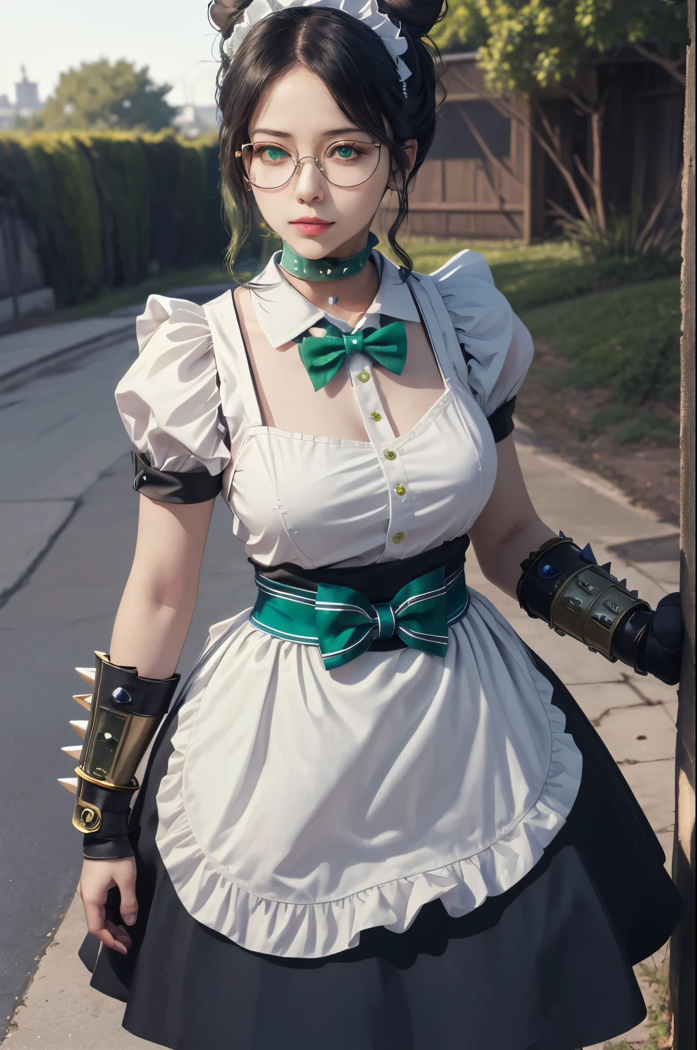 highres, sharp focus, pixiv masterpiece, ((intricate details)), highly detailed, upper body, standing, yuri alpha, 1girl, black hair, (blue bowtie:1.3), (green wristband, green gauntlets, spikes:1.1), glasses, green eyes, maid, single hair bun, dress, choker, maid apron, outdoors 