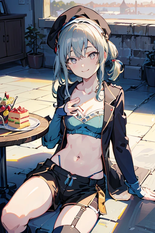 (from below:1.2),(from side:0.9), ((cute Face)), (Close-Up:0.6), ((looking at viewer, holding a icecream)),(Italian sweets magazine cover:1.4), highest quality、(real、photorealistic:1.5),(ultra high resolution,dark blue hair,long hair,side ponytail,hair between eyes,bangs, (beret, black jacket, open clothes, cleavage, midriff, black shorts, black thighhighs, thigh strap, fingerless gloves, single glove:1.2), (double breasted,under bust:1.2), sitting at a table, cute, anime visual of a cute girl, cute anime girl, eating cakes, young anime girl, guweiz, high quality anime artstyle, anime girl, artwork in the style of guweiz, beautiful anime girl, pretty anime girl, (anime girl), official artwork,(with sparkling eyes and a contagious smile),her thin pubic hair, looking at viewer, pose muy sexy"