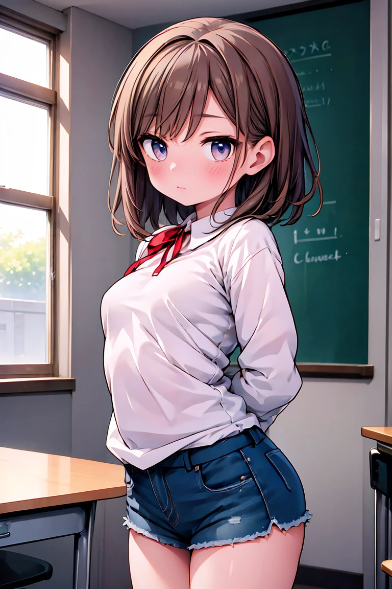 (highest quality)), ((masterpiece)), (detailed), Perfect Face,Brown haired woman,Short-haired woman,Eyes are light brown,Body type is slightly chubby,The breasts are small,Breasts are showing and the butt is small,The legs are a little thinner,White shirt with red ribbon and short jeans