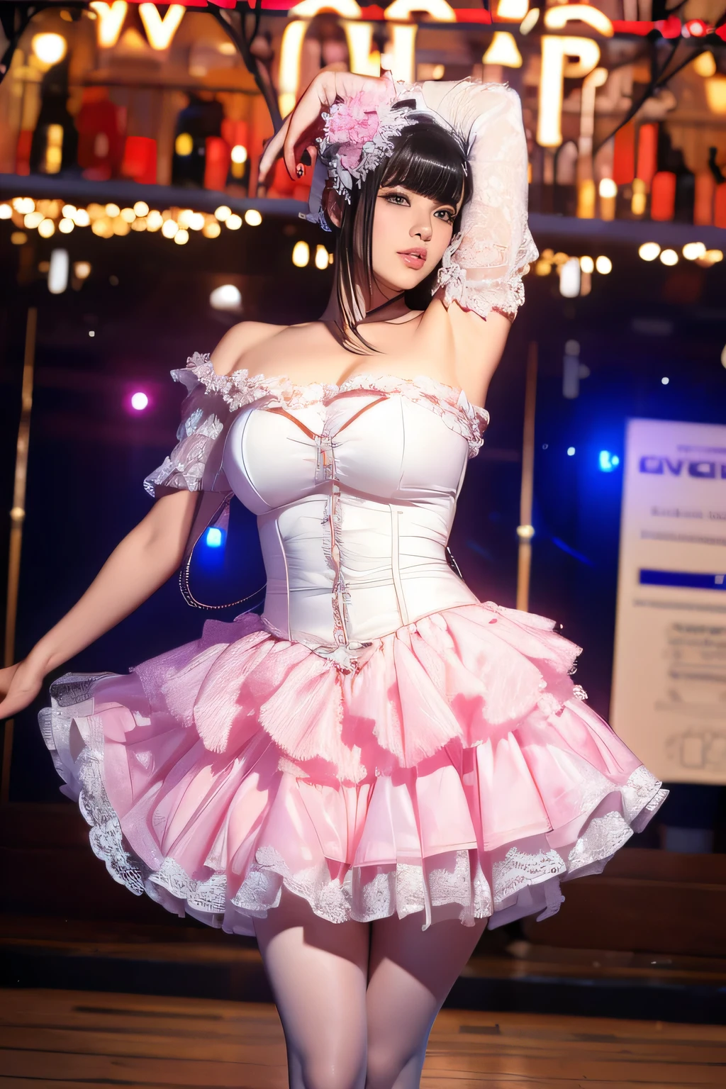 Masterpiece, top quality, very detailed), ultra-realistic photo. (Photorealistic: 1.2), (sharp focus), 1 woman, (very y body), (perfect proportions), (pink color) short bob, thick and fluffy bangs), (very detailed and perfect face), perfect makeup, beautiful eyes that shine like jewels, detailed and even eyes, big eyes, huge bre(very decorative and Elaborate mechanical steampunk fashion, lace flare miniskirt, visible butt, above-knee lace stockings, lace off-shoulder lolita fashionly decorative fashion)), abandoned night, urban tree-lined street, dancing Dancing, ((raising arms, showing armpits)),
